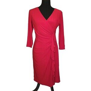 Women's American Living Dress Red Ruffle Mock Wrap 3/4 Sleeve Size 6         T29